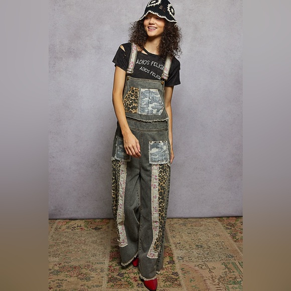 NWT POL Patchwork Leopard Print Floral Camo Patch Boho Overalls - Picture 9 of 14